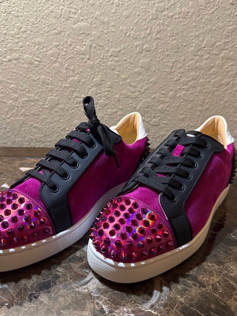 Christian Louboutin Magenta and Black Studded Low-Top Sneakers